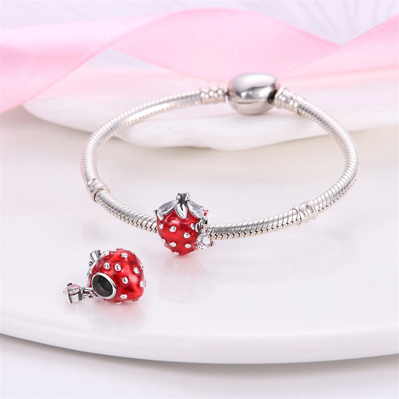 New 925 Silver Color Strawberry Cherry Fruit Series Charms Beads Fit 3mm 925 Original Bracelets DIY Birthday Jewelry Gifts