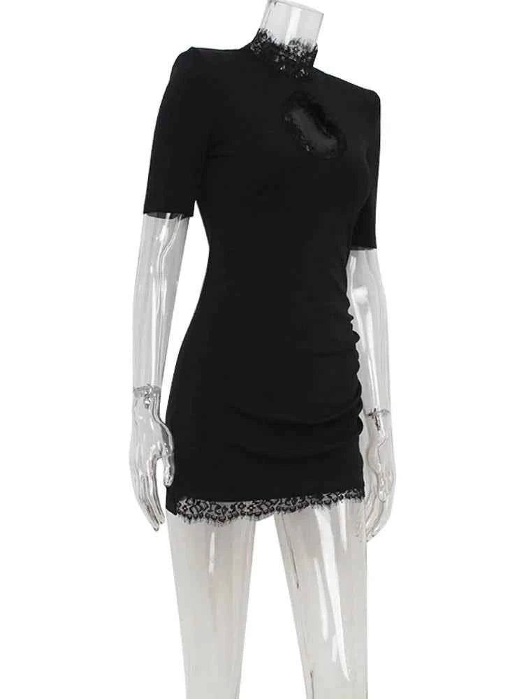 Huhugirl Lace Patchwork Hollow Out Bodycon Sheath High Collar Women Dresses Half Sleeve Outfits Sexy Club Fashion Female Vestido