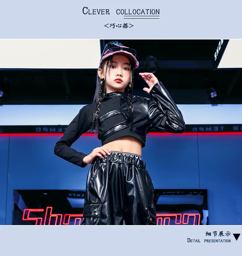 Kid Hip Hop Clothing T Shirt Crop Top Wine Red Arm Sleeve Faux Leather Casual Cargo Pants for Girl Jazz Dance Costumes Clothes