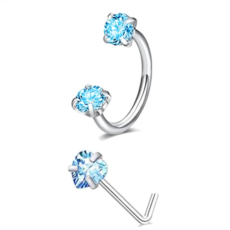 2PCSC Metal color Stainless Steel Nose Ring Set With CZ Studs & Horseshoe