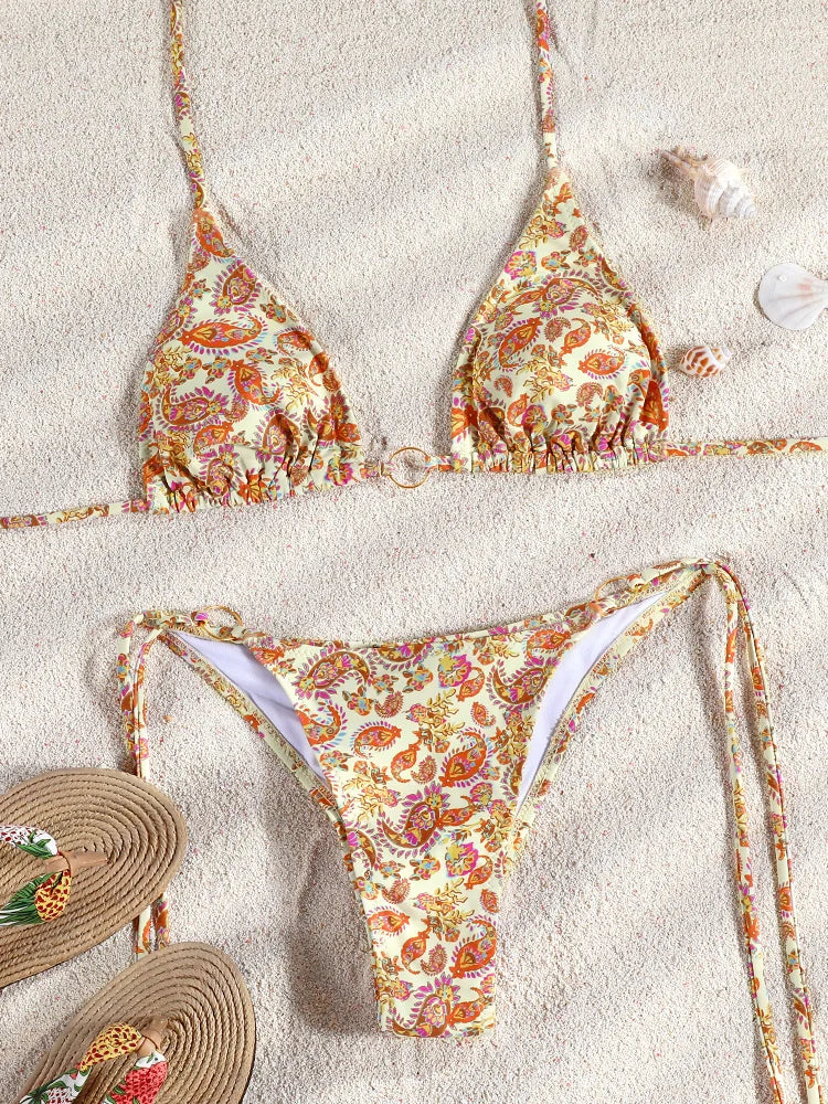 Sexy Bikinis Micro Thongs Swimsuit Women Bathing Suit Rings Biquini Bandage Beachwear Print Swimwear Sexy Bikini Sets With Chain