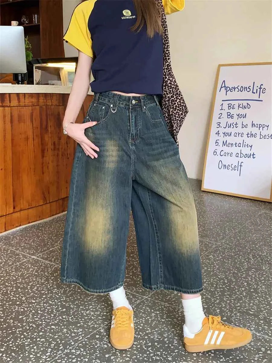 Retro Blue Wide Short Jeans Women Baggy Y2k Jorts Casual Vintage Streetwear Harajuku Korean Style Denim Shorts Basic Summer 2024