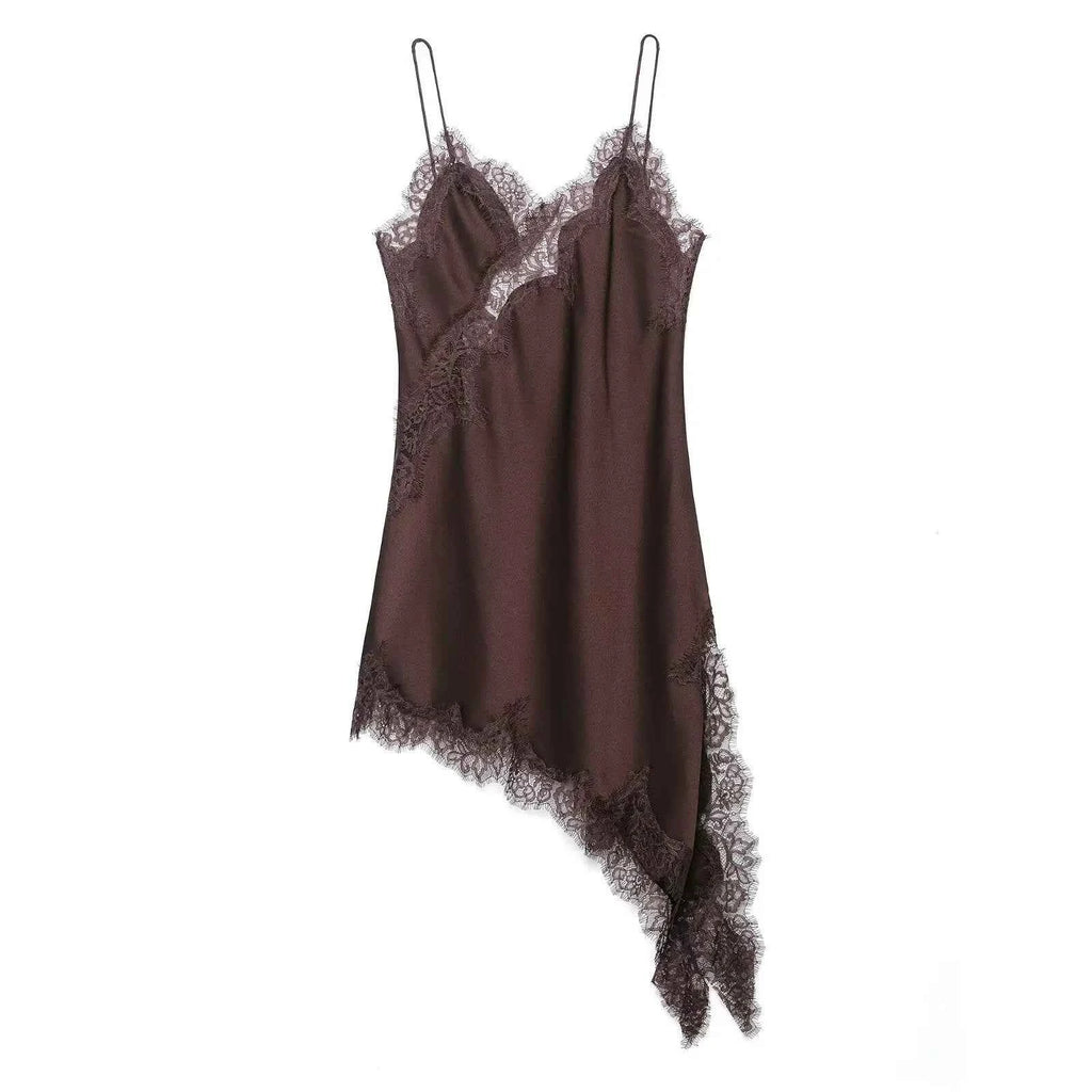 TFMLN Women Sexy Lace Splicing Dresses Summer Solid Sleeveless Asymmetry Dress Backless Slim Women's  Party Sling Mini Dress