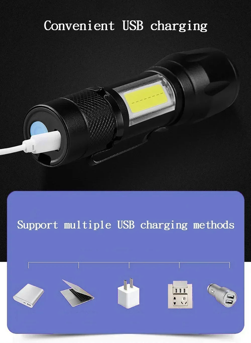 Rechargeable LED Pocket Flashlights with Pen Clip Zoom Mini Light 3 Lighting Mode with Side Lamp for Outdoor Camping Emer