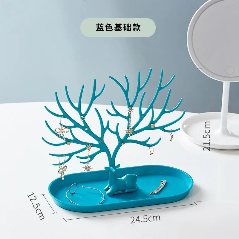 Blue Color Antler Jewelry Display Stand With Tray Organizer