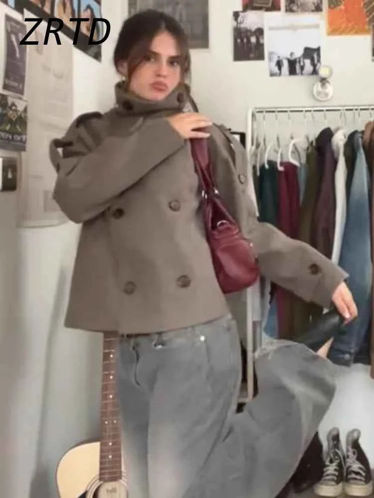 Elegant Women's Short Woolen Coats Stand Collar Double Breasted Long Sleeve Female Jacket 2025 Autumn Winter Lady Warm Outwear
