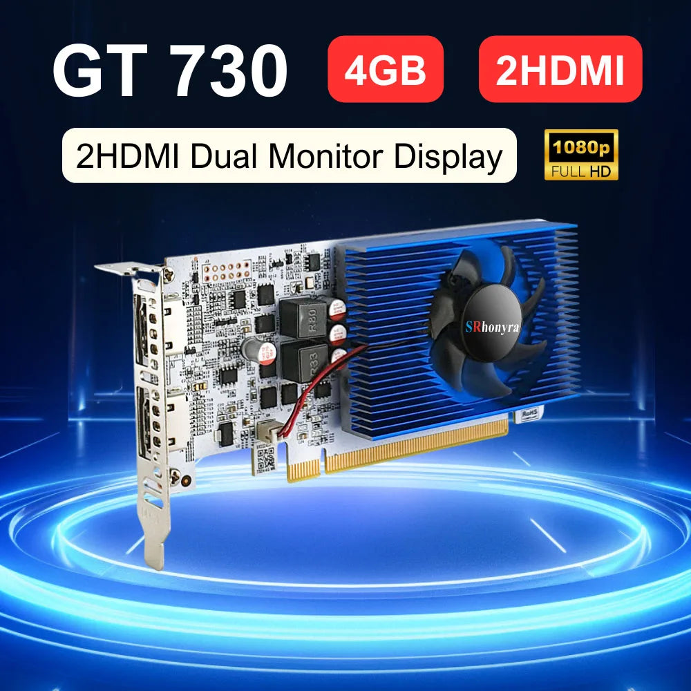 SRhonyra GT730 4GB Graphics Card,1080P GPU GDDR3 2HDMI 2 Monitor Display  PCI-E2.0 16X Low Profile,Computer GPU,1Year Warranty