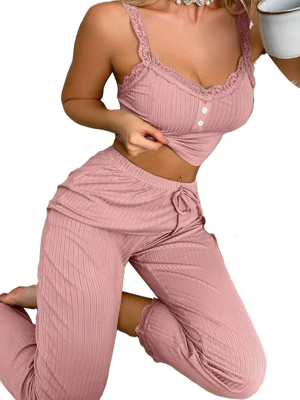 Women Ribbed Pajama Set Lace Trim Camisole Top & Drawstring Pants Sexy Sleepwear Autumn Soft Lounge Homewear