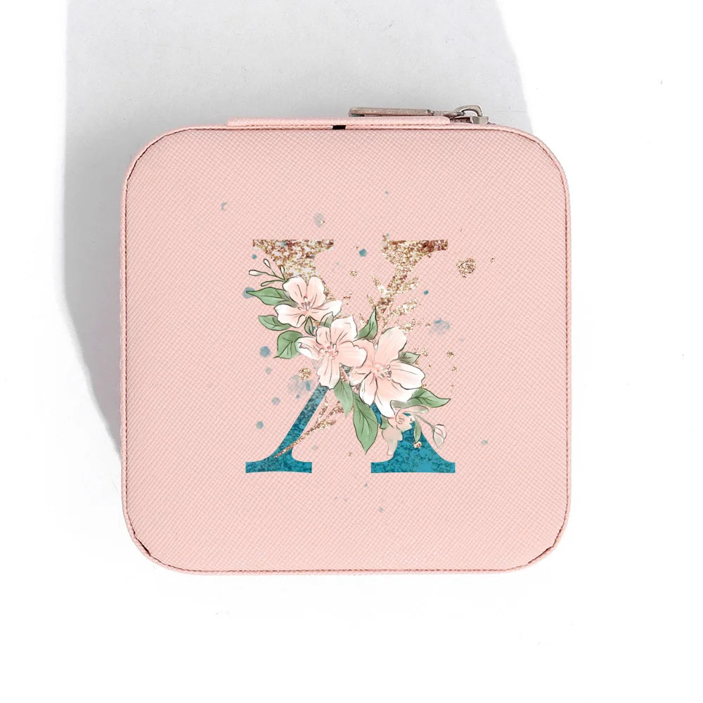 A-Z Alphabet Print Pink Travel Jewelry Organizer with Zipper Closure and Fabric Lining