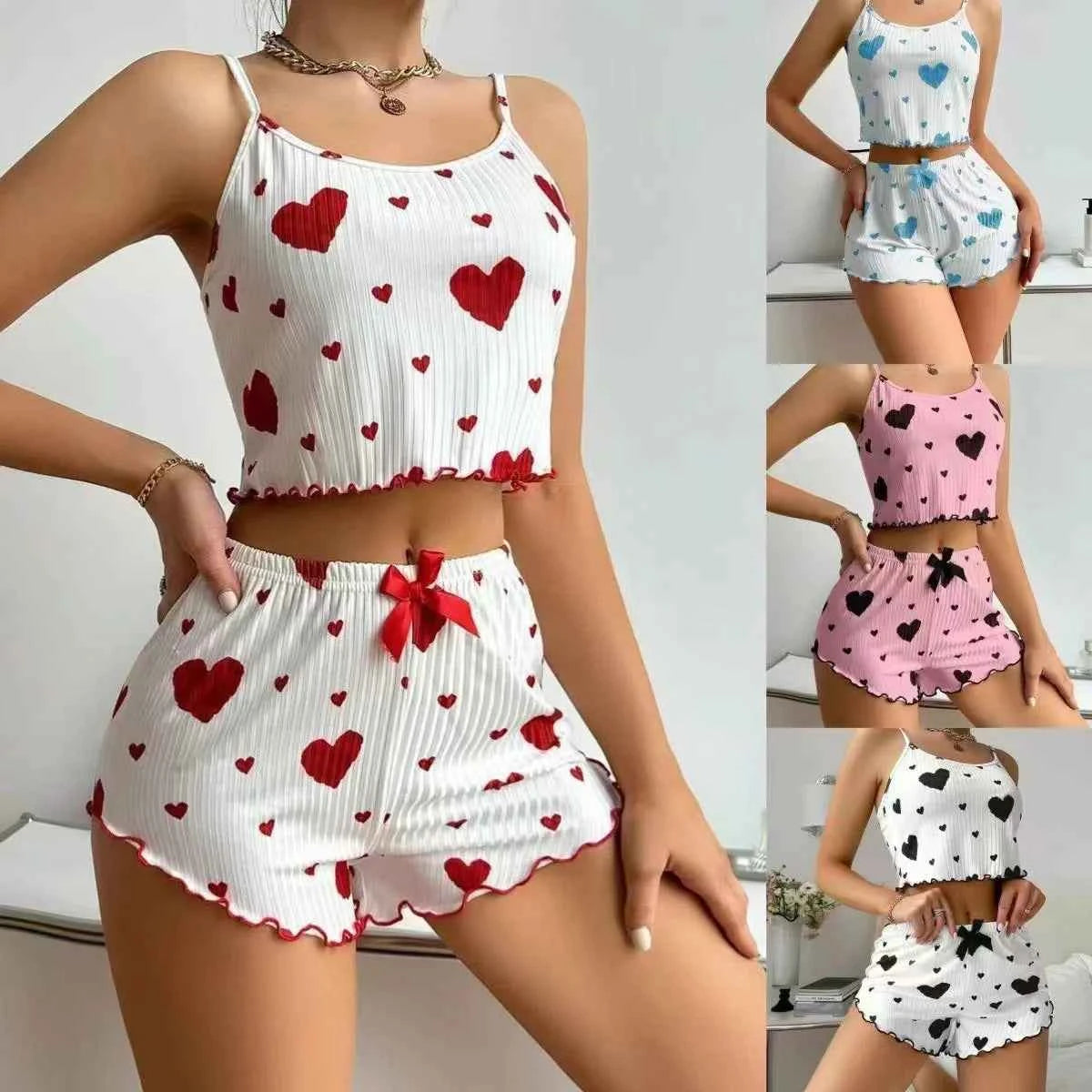 Women's Pajamas Set Sleepwear 2 PCS Short Tank Tops And Shorts S M L White Ventilate Soft Casual Love Printing
