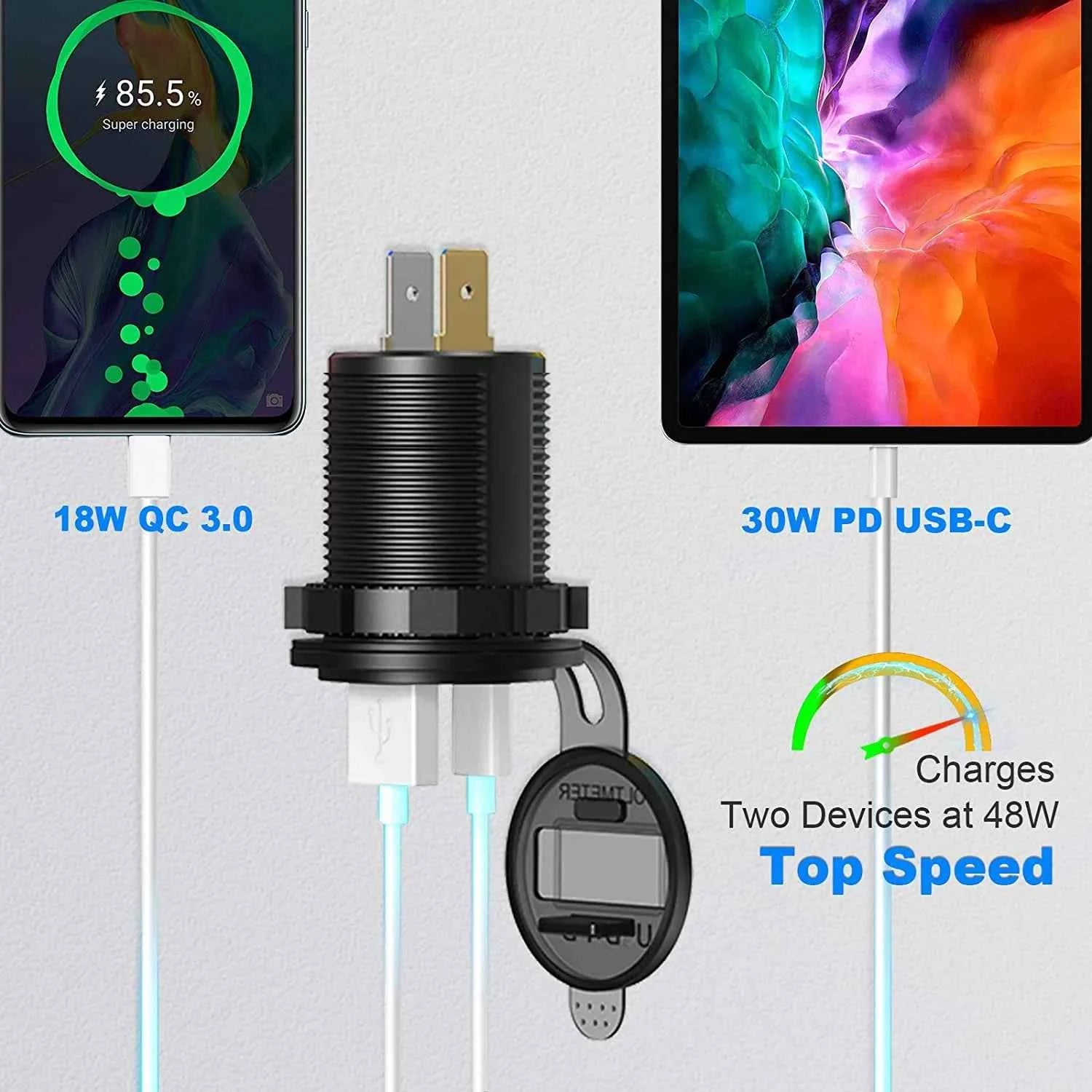 USB C Car Charger Socket 12V/24V Dual USB Socket PD3.0 and QC3.0 Car USB Port With LED Voltmeter and On/Off Switch