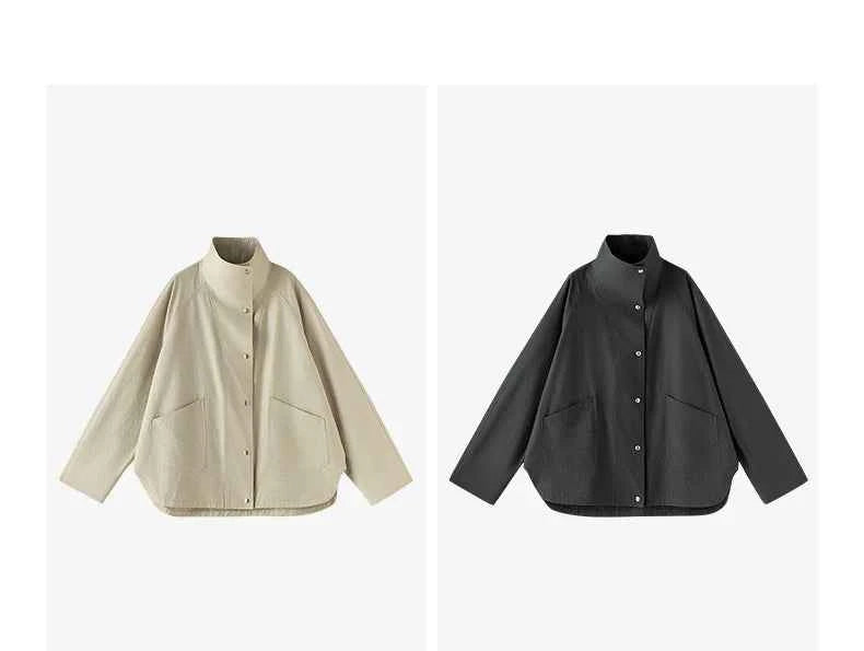 TOYOUTH Women's 2026 Spring New Loose Stand-Collar Utility-Style Lightweight Jacket Coat with Slub Wrinkle Texture