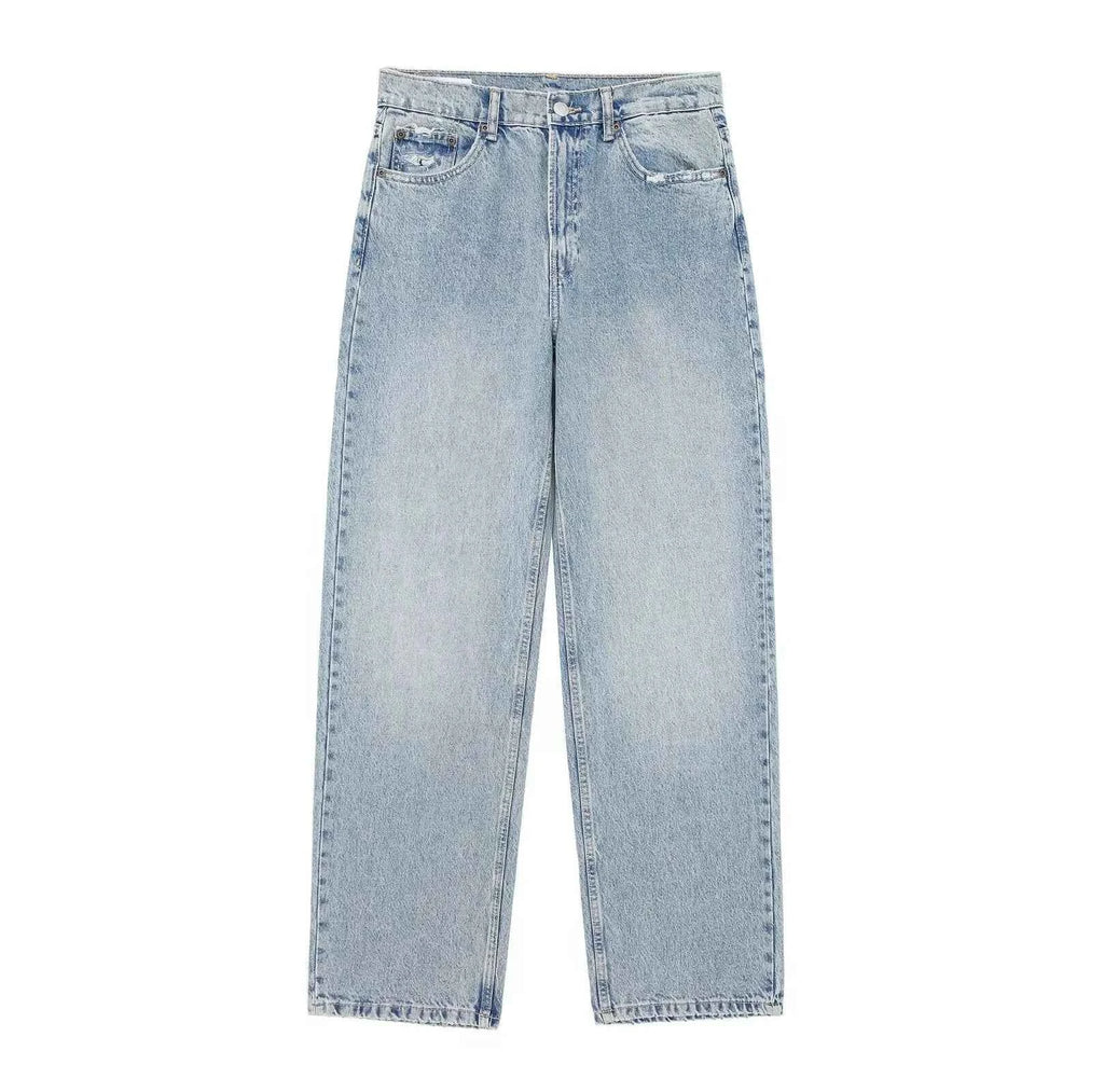HH 2024 Women's Street Fashion Denim Blue Jeans Distressed Patchwork High Waist Zipper Fly Ripped Retro Long Pants