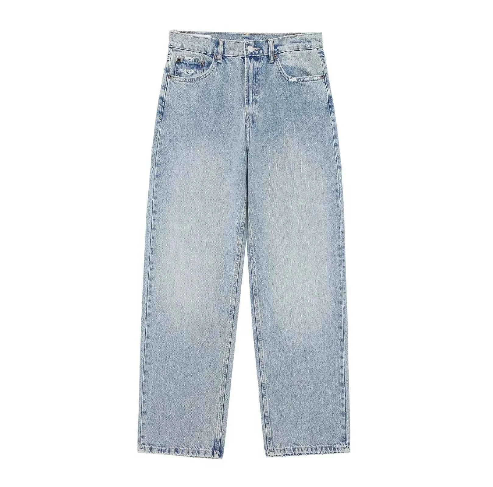 HH 2024 Women's Street Fashion Denim Blue Jeans Distressed Patchwork High Waist Zipper Fly Ripped Retro Long Pants