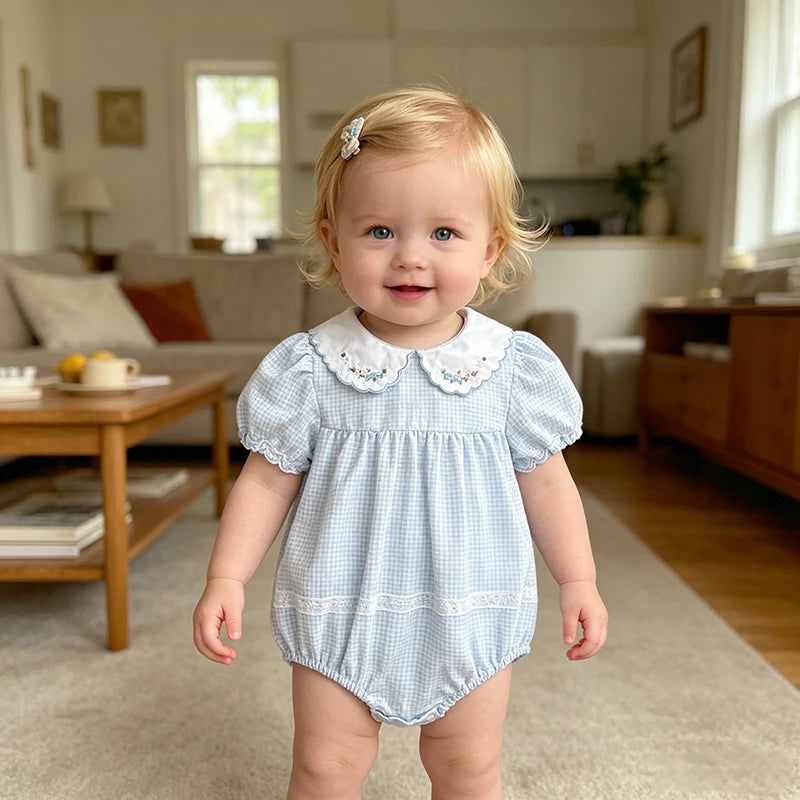 2026 Summer Baby Girl Embroidered Collar Bodysuits 0-24M Baby Girl Romper Newborn Short Sleeved Baby Girl Yellow Jumpsuit