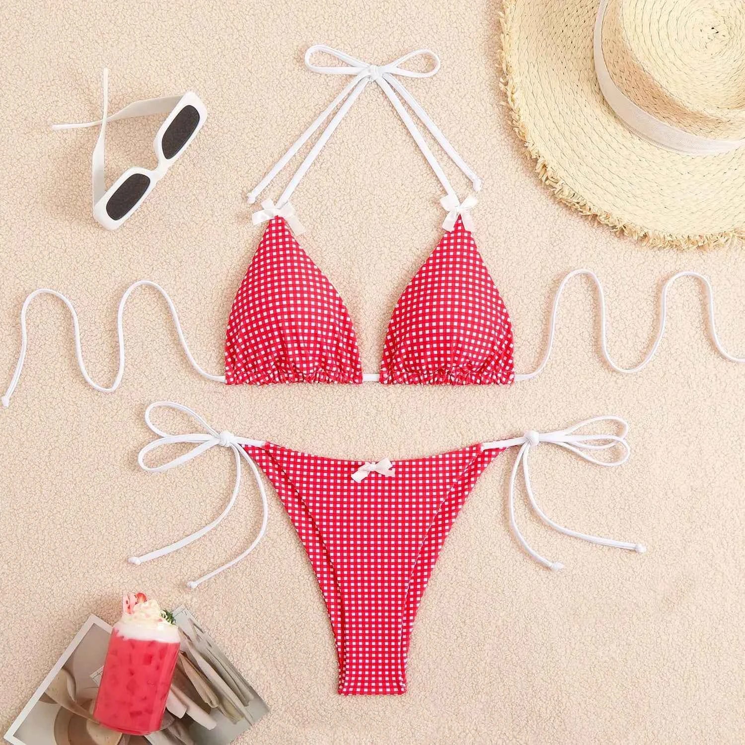 Circyy 2026 Bathing Suit Women Plaid Dot Split Swimsuit Neck-mounted Bow Tie Beachwear Vintage Simple Two-piece Bikinis Summer
