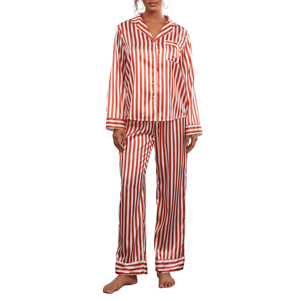 2024 Women Christmas Pajama Sets Striped Long Sleeve Satin Button Shirts with Wide Leg Long Pants Nightwear Sleepwear Loungewear
