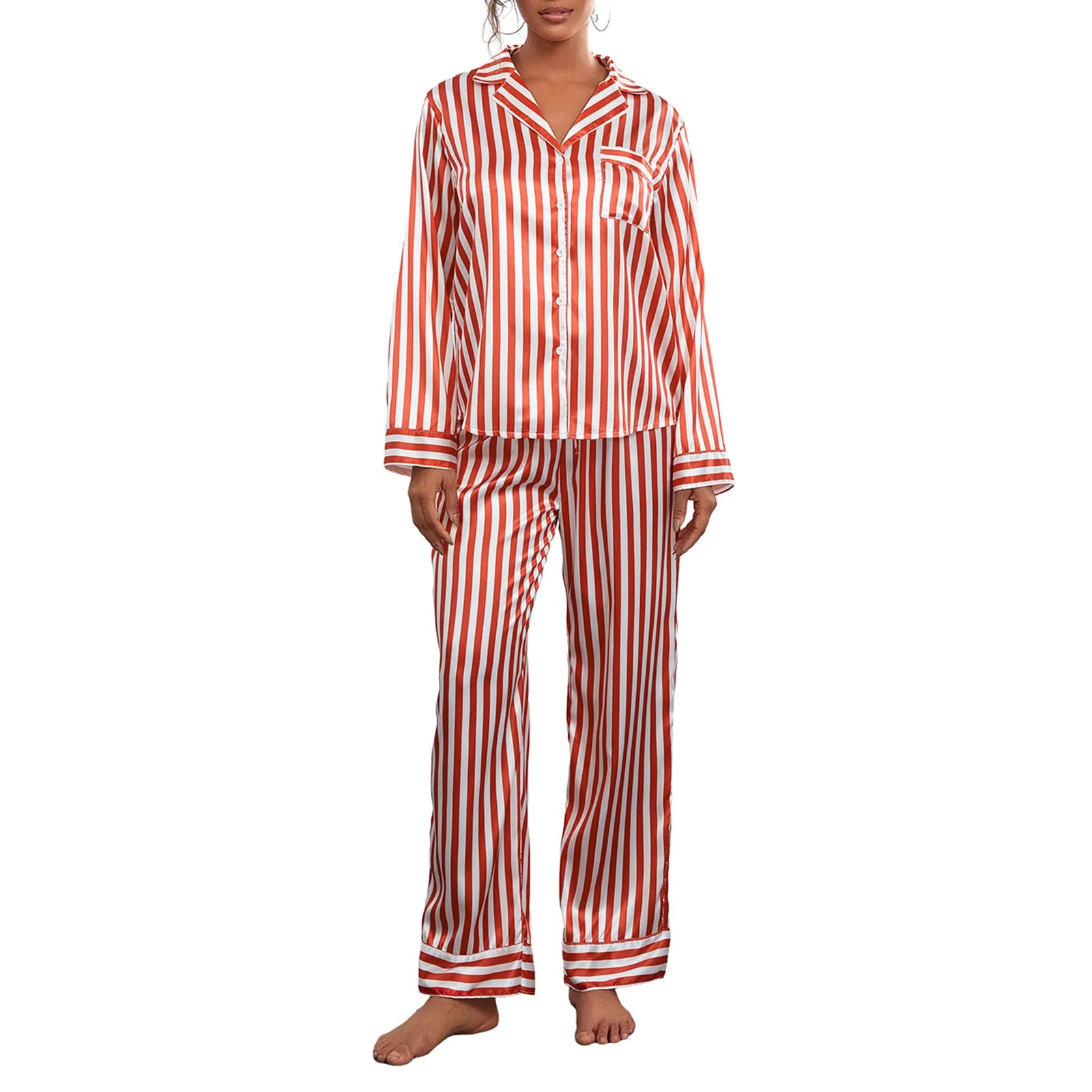 2024 Women Christmas Pajama Sets Striped Long Sleeve Satin Button Shirts with Wide Leg Long Pants Nightwear Sleepwear Loungewear