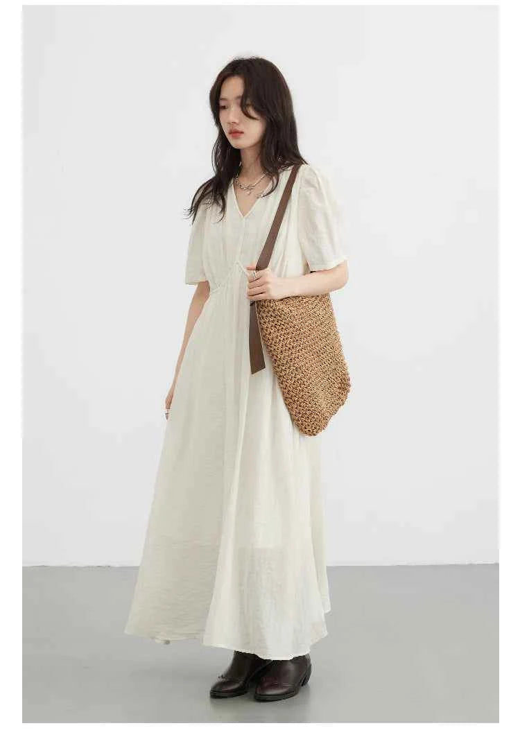 CHIC VEN Women Dresses French Style Vintage V-neck Puff Sleeve Long Dress Solid Black Loose Female Clothing Summer New 2023