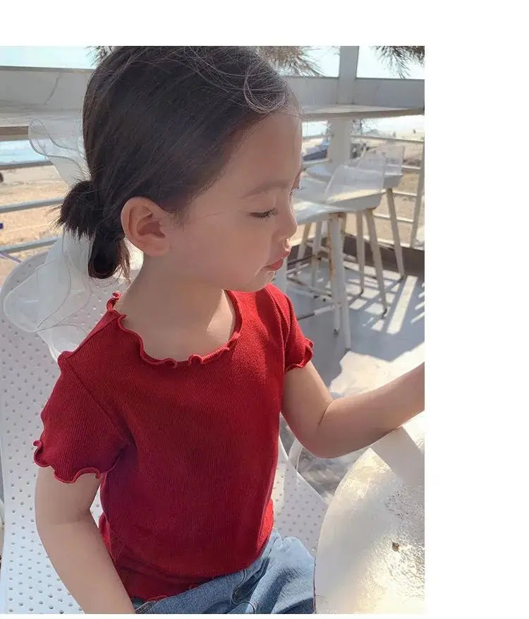 Girls' Casual Ice Silk Short-Sleeve T-Shirt, New Korean Style Children's Ruffled Top, Solid Color, Simple and Versatile