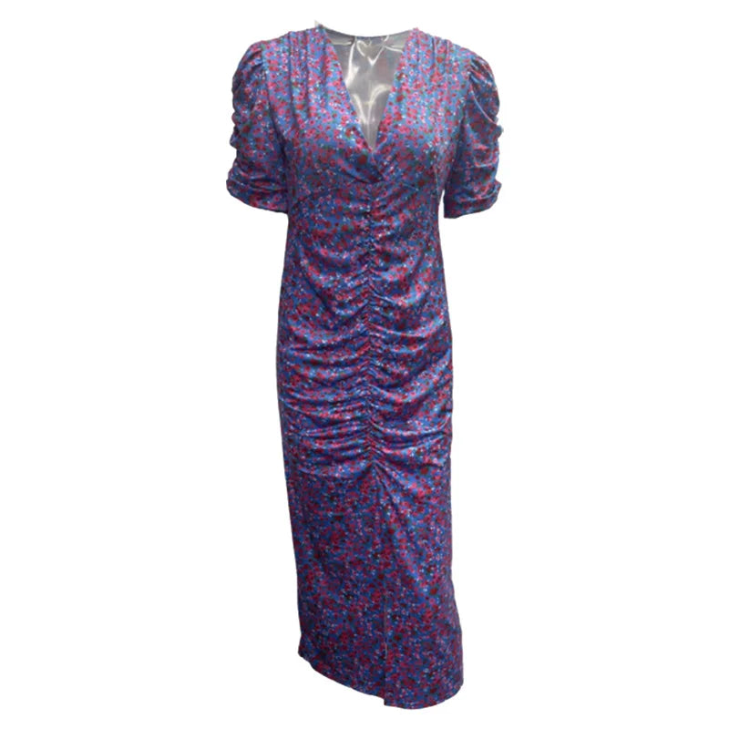 Women Bubble Short Sleeve Dresses Deep V Neck Pullover Dress Split Hem Pleated Gown Female Sweet Style Small Flower Print Frock