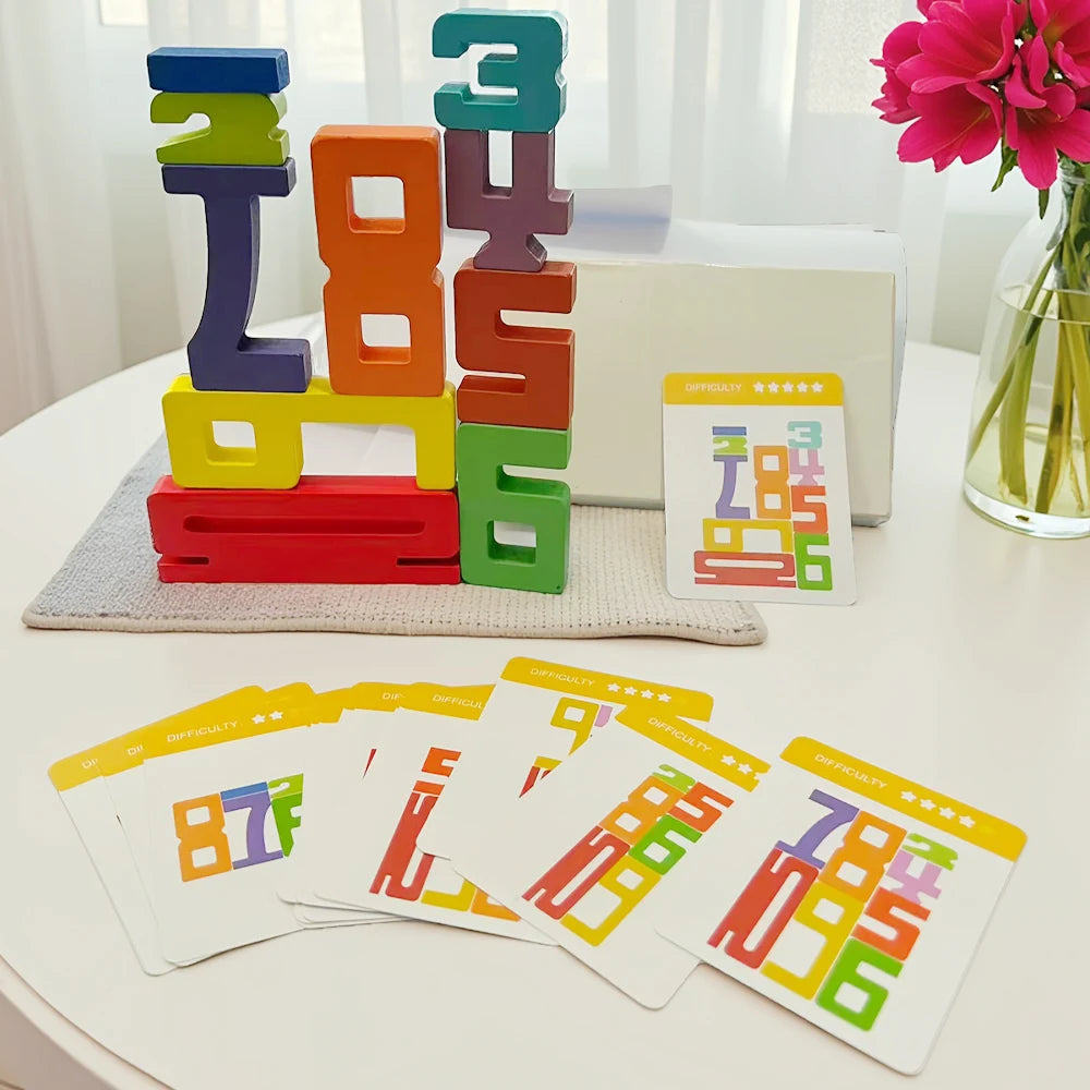 Wooden Digital Building Blocks, Number Stacking Blocks, 15pcs Double-Sided Cards, Children's Educational Toy For Math Learning
