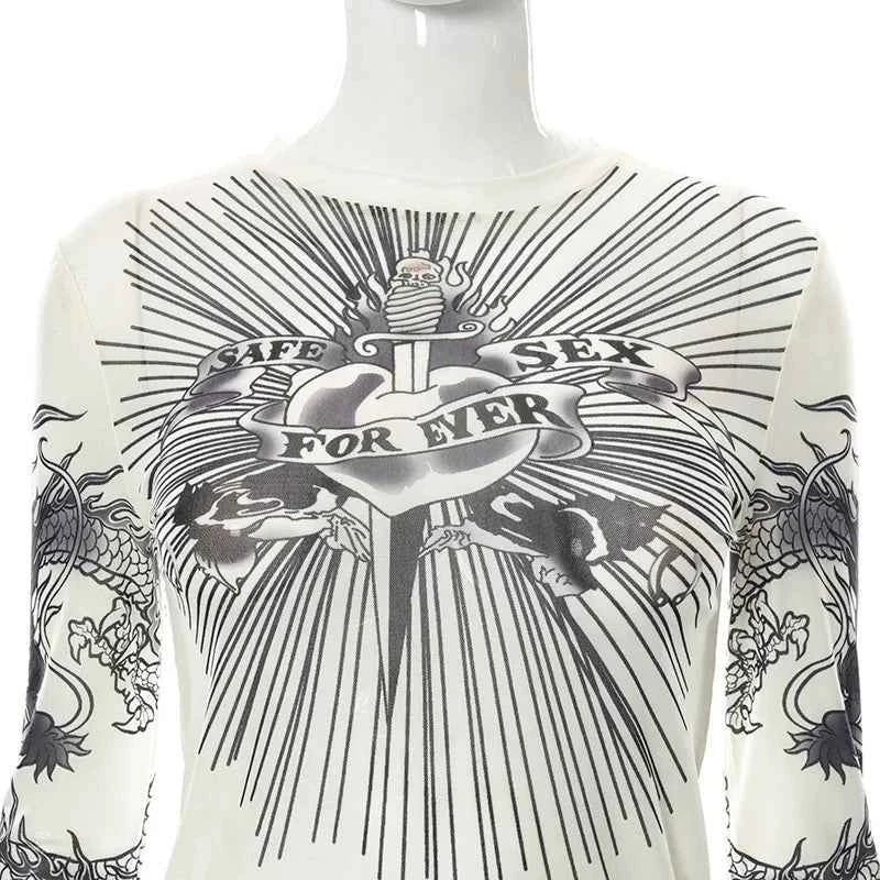 Y2k Aesthetic Punk Clothes Graphic Tees Women Gothic Fashion Full Sleeve Woman Tshirts See Through Streetwear Egirl Tops T Shirt