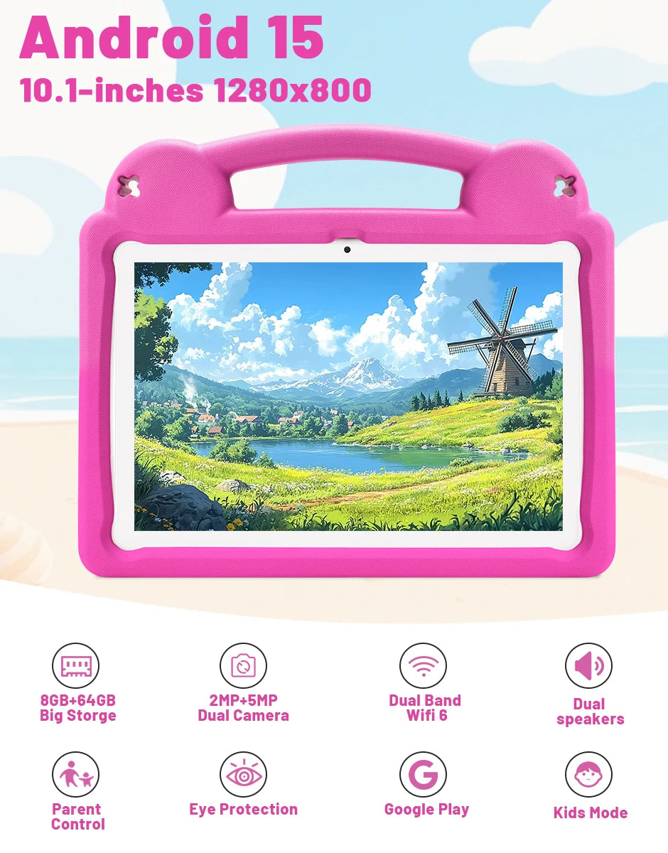 Kids Tablet Android 15 Tablet 10.1inch for Kids with Protective Case Octa-Core 8GB 64GB 1TB Expand Dual Camera Parental Control