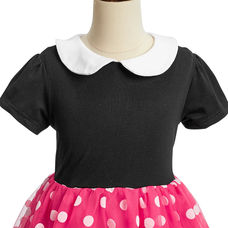 Children Casual Clothes Summer Short Sleeve Dots Girls Dress Kids Peter Pan Collar Cute Birthday Costume with Mouse Ear Headband