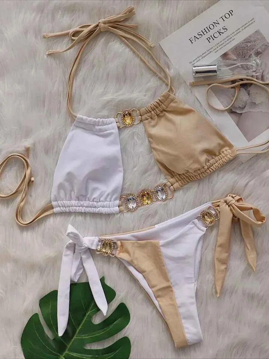 2026 Splicing Halter Diamond Bikini Women Swimsuit Female Swimwear Two Pieces Bikini Set Hollow Out Bathing Suit Swim Beach Wear