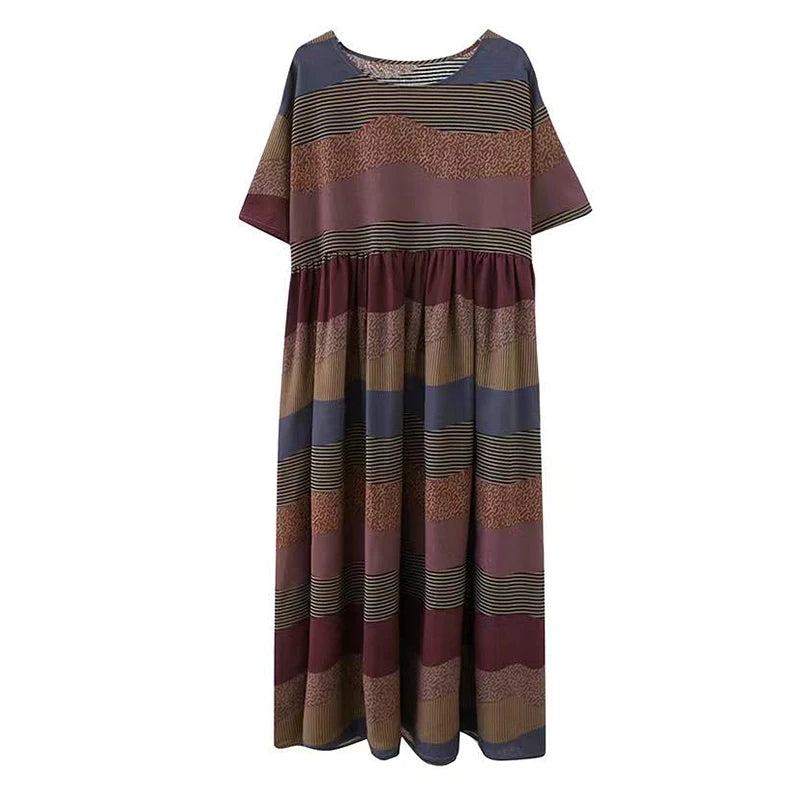 2026 New Summer Cotton Linen Short Sleeve Vintage Striped Print Dresses For Women Long Fashion Dress Elegant Vestidos Robe Femme