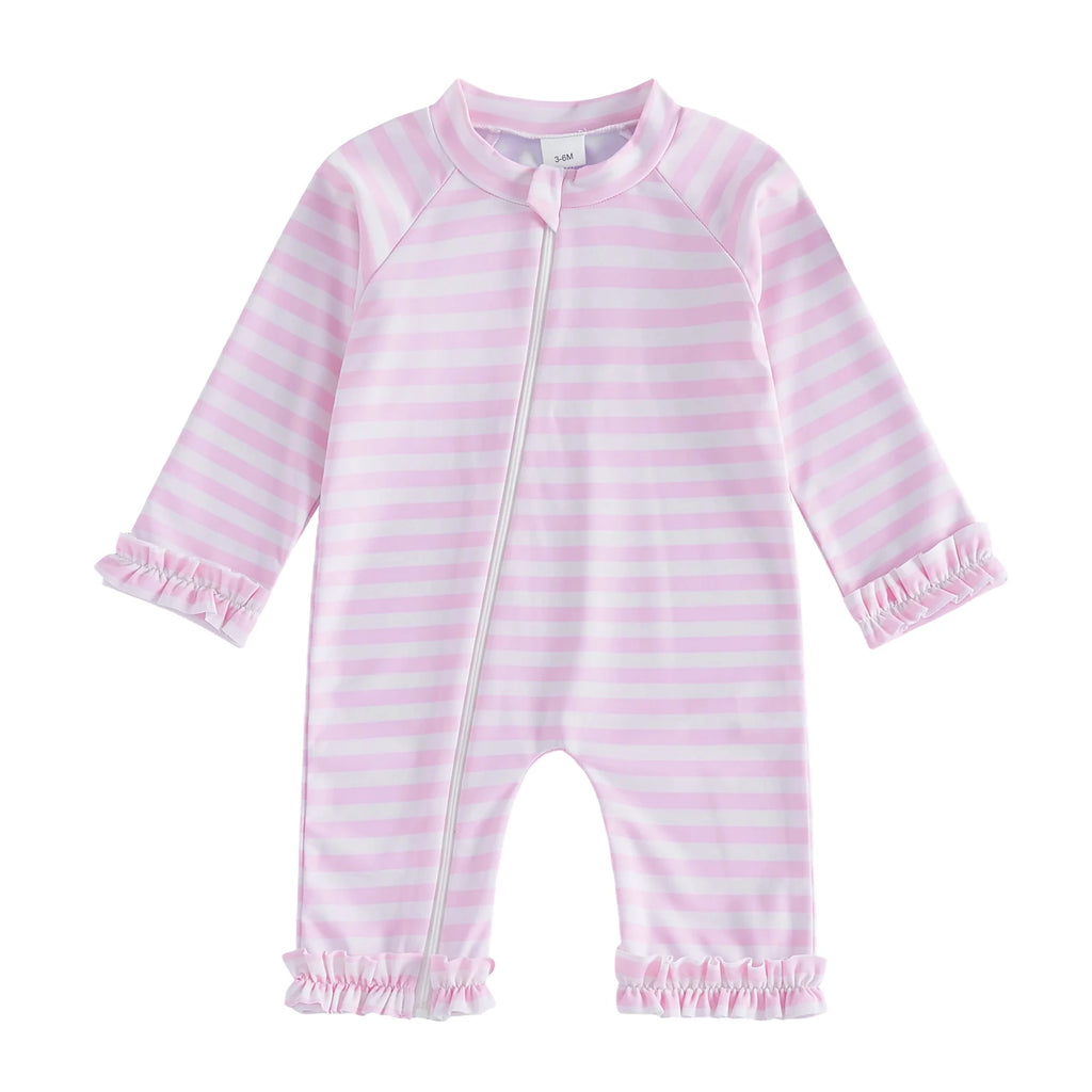 Toddler Baby Girl Summer Rash Guard Swimsuit Solid Color Print Long Sleeve Round Neck Romper Swimwear for Pool Beach