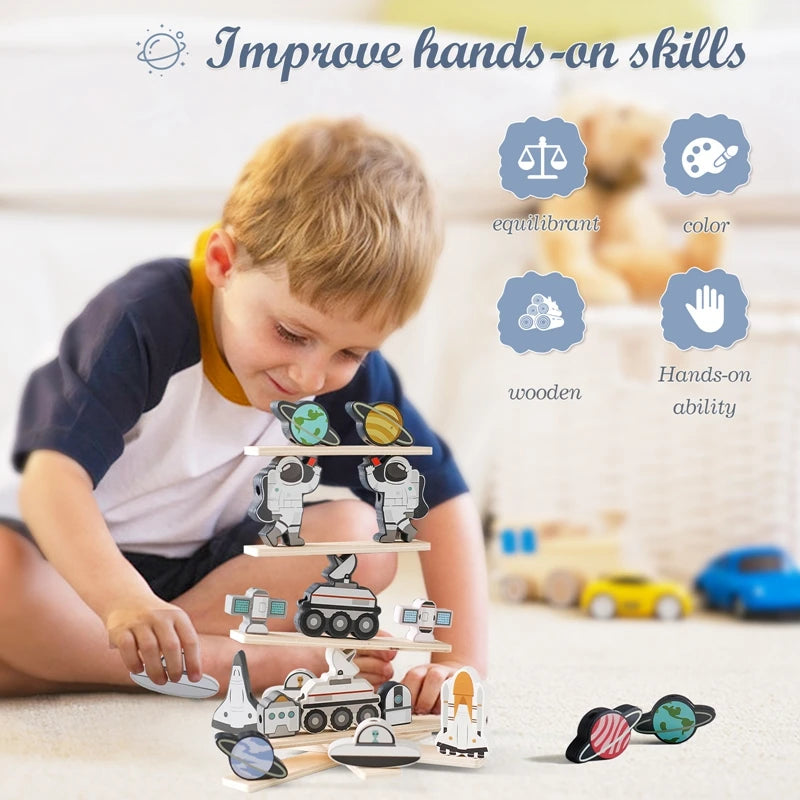 Baby Threading Toy Outer Space Wooden Seesaw Toy Blocks Board Games Montessori Hands-on Ability Educational Children Blocks Gift