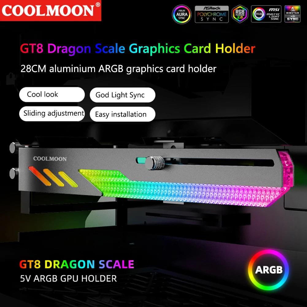 GT8 Horizontal GPU Support 5V ARGB Bracket Computer Video Card Stand GPU Holder with Aluminum Alloy Shell Slide Adjustment