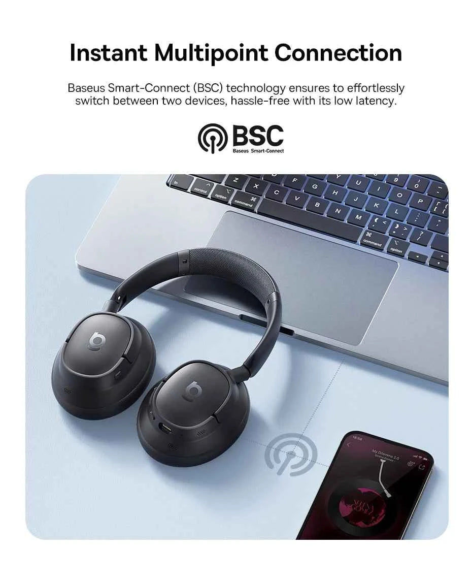 Baseus Bass EH10 NC Wireless Headphones Bluetooth 6.0 Noise Canceling 45dB Over Ear HeadsetSpatial Audio Earphone 80H Time