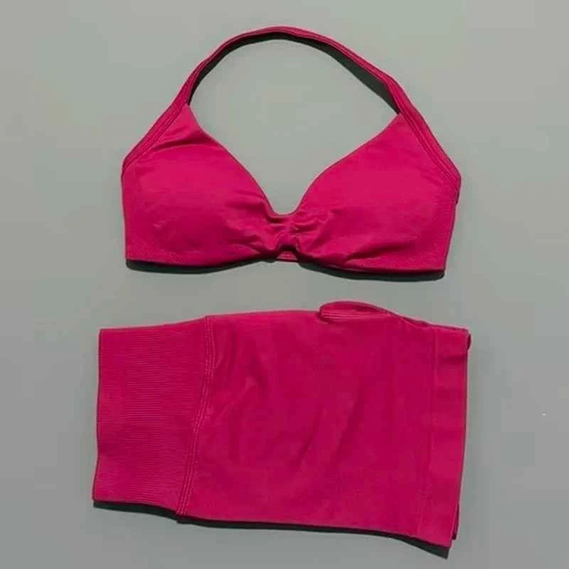 HISTELLO Gym Set 2 Piece Women Strappy Yoga Bra Top Workout Scrunch Shorts Sports Suit Fitness Clothes Seamless Yoga Set