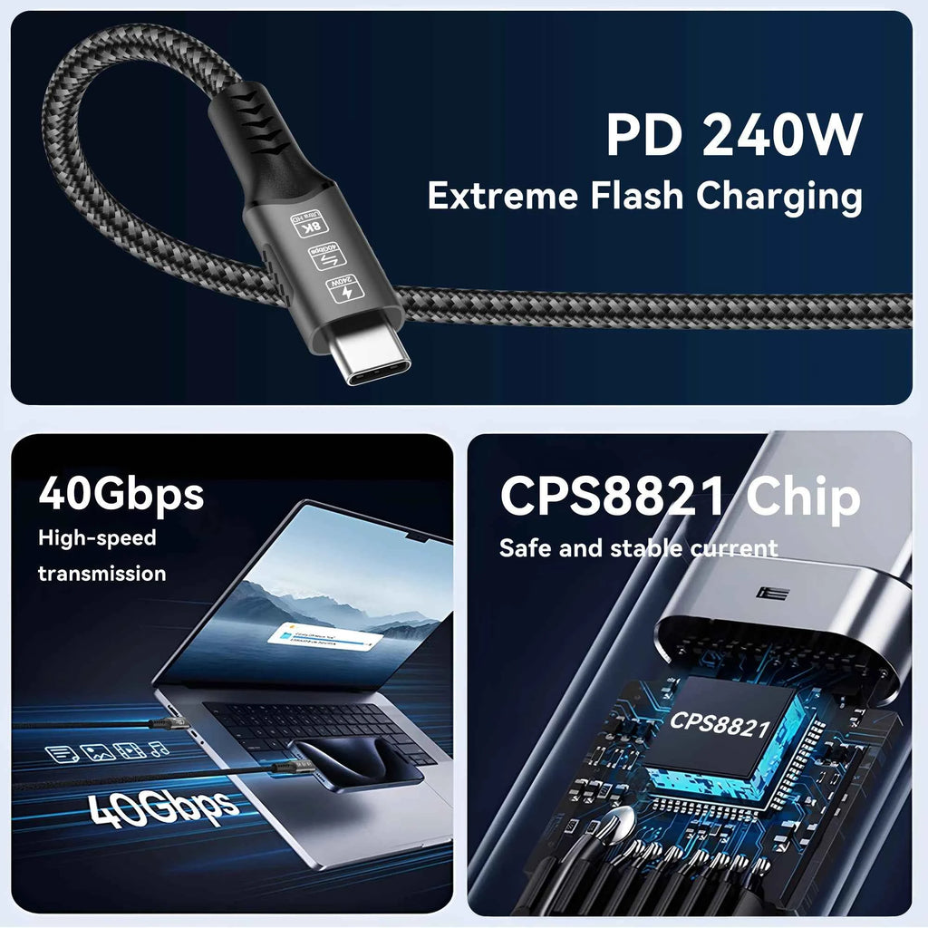 USB4 Cable 40Gbps 48V 240W For Thunderbolt 4 Type C Fast Charging Cable Thunderbolt3 USB C to C Data Transfer Cable For laptop
