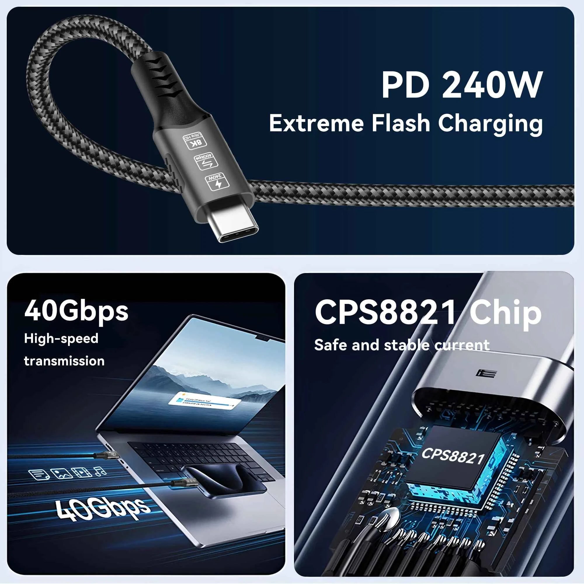 USB4 Cable 40Gbps 48V 240W For Thunderbolt 4 Type C Fast Charging Cable Thunderbolt3 USB C to C Data Transfer Cable For laptop