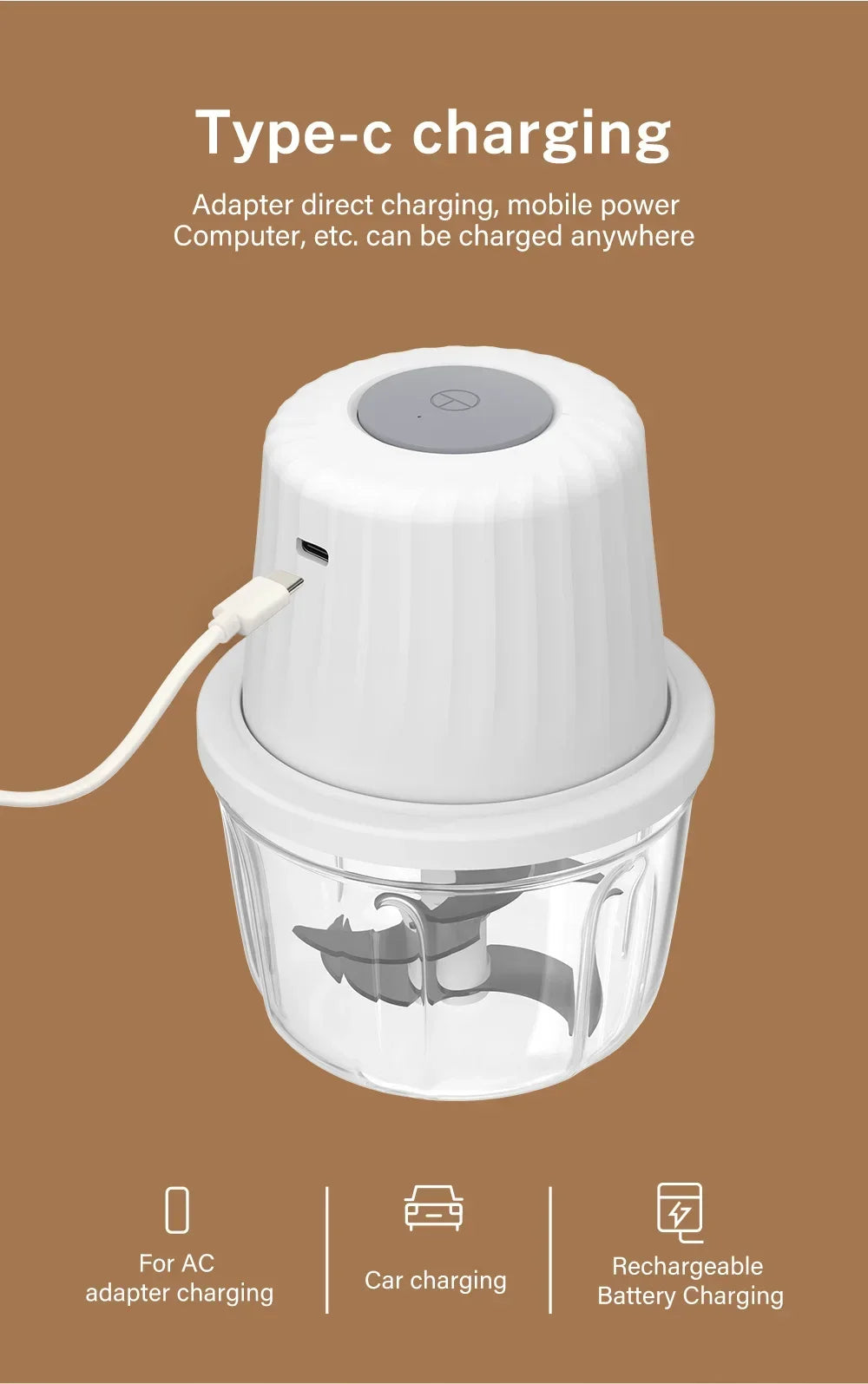 Portable Electric Garlic Mincer 400ML with 6 Blades - USB Charging Mini Vegetable Chopper for Home Cooking & Picnics