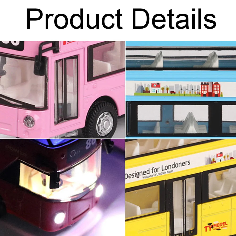 1/36 Scale Double Decker Bus Toy Car Model Alloy Diecast Sound Light Pull Back Doors Opened Vehicles Collectibles Birthday Gift