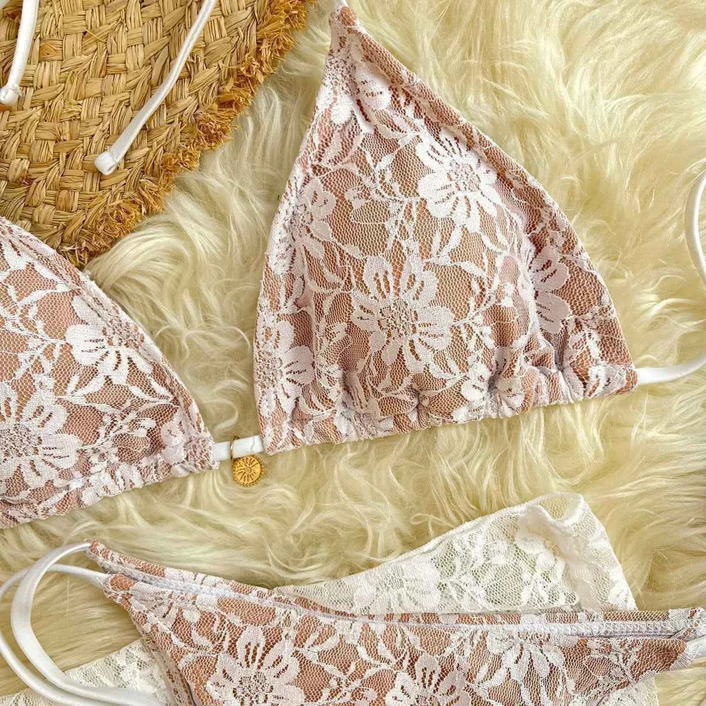 Lace Fabric Three-pieces Swimsuit Set With Sarong Bikini Inspired Women's Swimwear Beachwear Bathing Suit Vacay Outfit Biquini