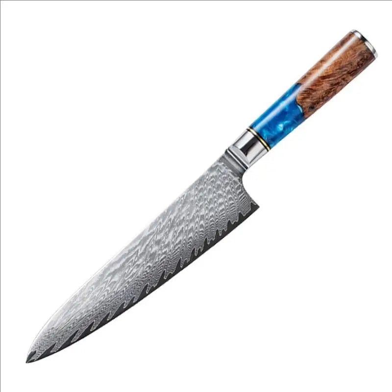1-8pcs Professional kitchen knife set Damascus Steel Set for Meat Cutting Sushi Peeling and Boning Blue Resin Wood Handle