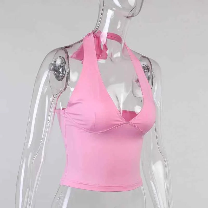 Summer Halter Camisole Tank Top Women V-Neck Sexy Tanks Camis Skinny Backless Pink Corset Tee Shirt Femme Tops WomanT-shirt