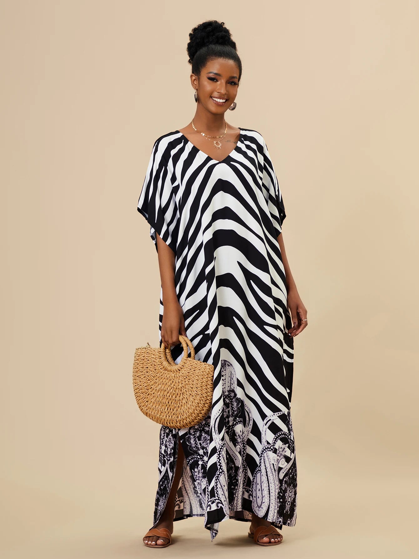 EDOLYNSA 2023 Bohemian Printed Loose Kaftan Casual Summer Vacation Maxi Dress Women Clothing Beach Wear Swim Suit Cover Up Q1469