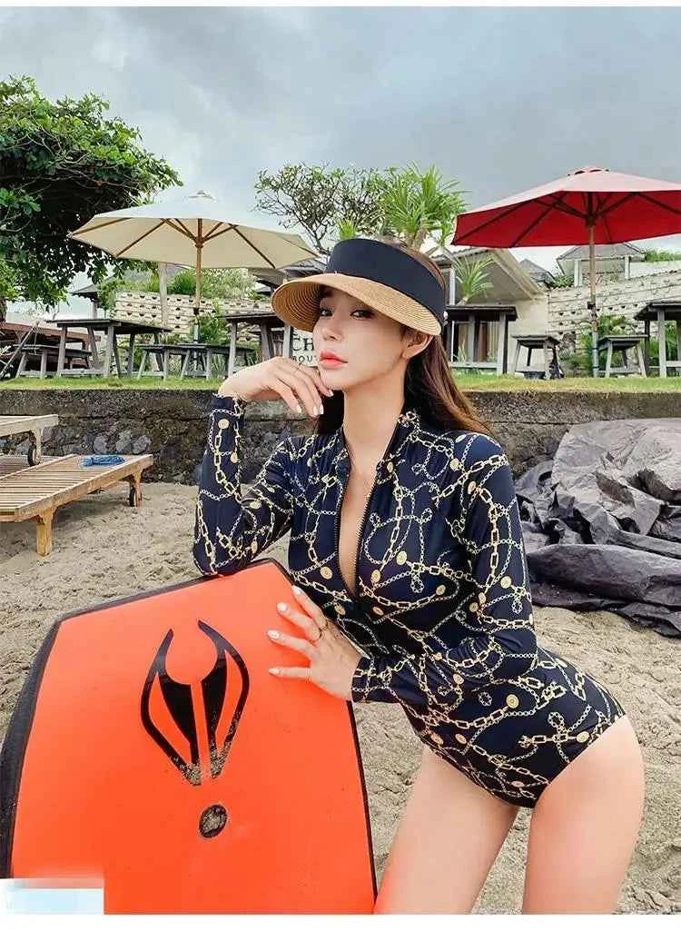 Style Diving Sun Protection Long-sleeved One-piece Ins Slimming Belly-covering Conservative Swimsuit for Women Jellyfish Suit