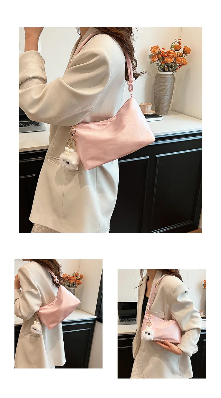 High Quality Solid Color Fashion Elegant Shoulder Bag Smooth Cloth Satin Underarm Bag Leisure Shoulder Bag Lady Handbags Purse