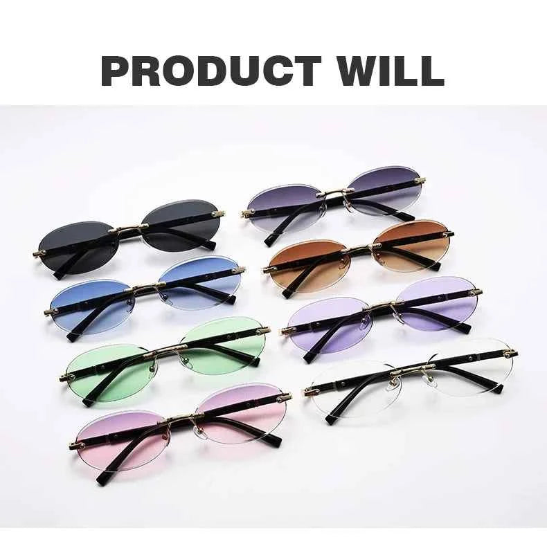 Popular Women Men Shades Oval Sun Glasses for Female Male Summer Traveling UV400 Rimless Sunglasses Round Fashion Gafas De Sol