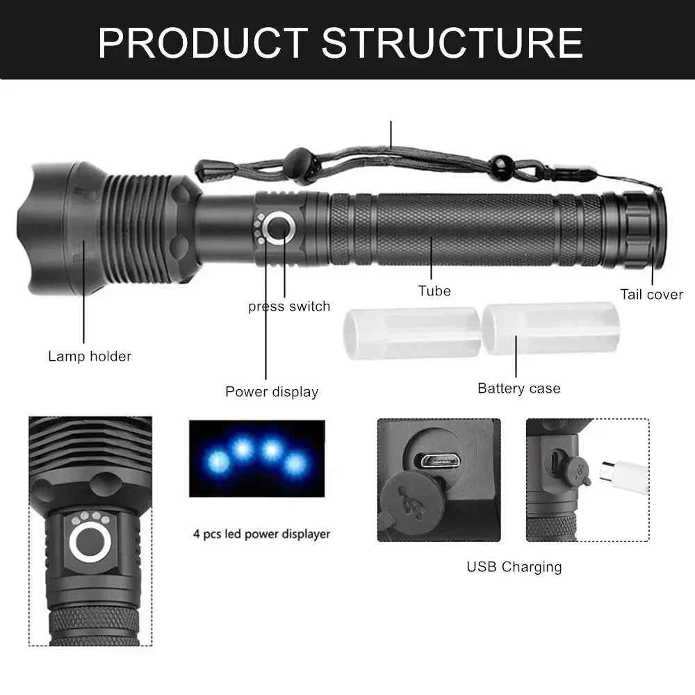 Rechargeable LED Flashlights 90000 Lumens Super Bright Zoomable Waterproof Flashlight with 3 Modes Powerful for Camping Hiking