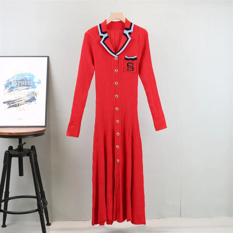 SINGREINY Autumn Winter Wear Dress Women Polo Single Breasted Pocket Design Bodycon Knitting Temperament Sweater Long Dresses