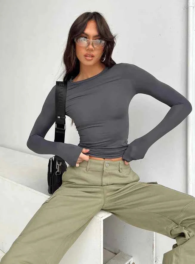 Y2k Long Sleeve T Shirt Women Spring Autumn Crop Top Casual Slim Fit Pullovers Solid O Neck T-shirts Streetwear Female Basic Tee